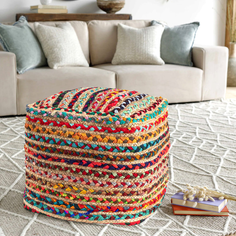 Birzer Modern Boho Colorful Striped Hand Braided Birzer Jute Ottoman Pouf Bungalow Rose Upholstery Color Blue Green Red Pink Orange Tan